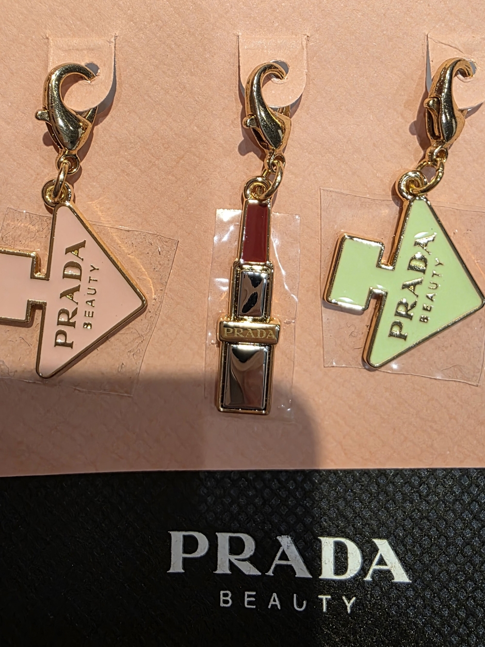 Prada Beauty Pink & Green Enamel Logo and Lipstick Charm Set